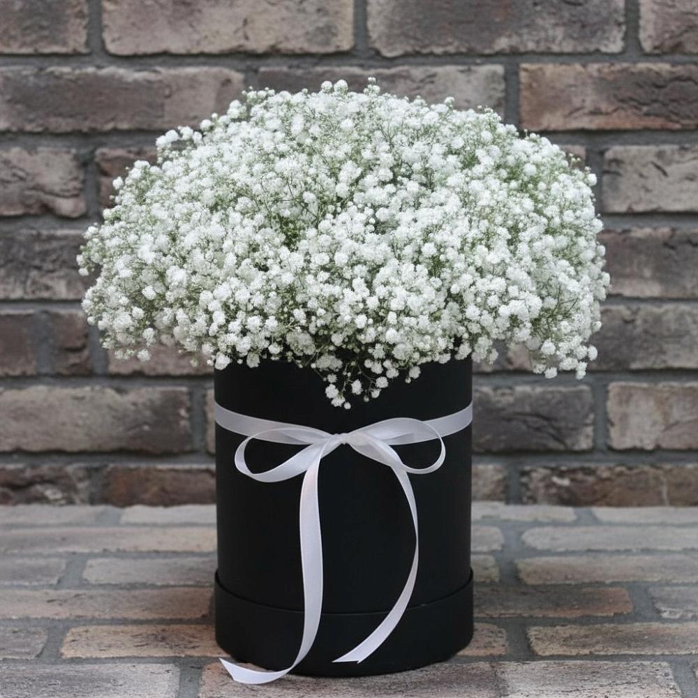 Цветочная композиция из Гипсофила в шляпной коробке в Новозыбкове