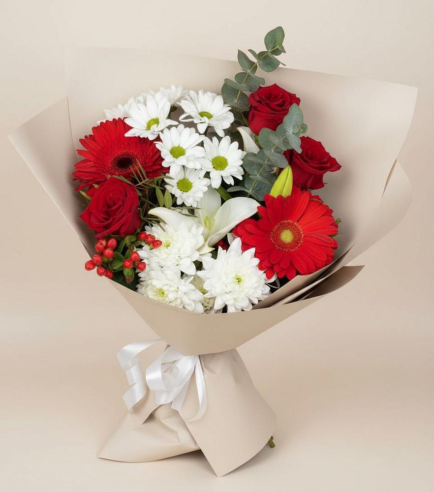 Букет цветов из: Розы, Хризантемы, Герберы и Лилии в Новозыбкове