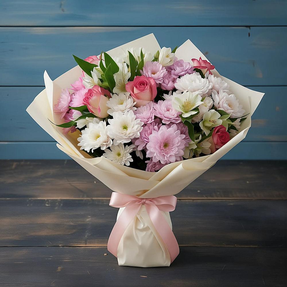 Букет цветов из: Хризантемы, Альстромерии и Розы в Новозыбкове